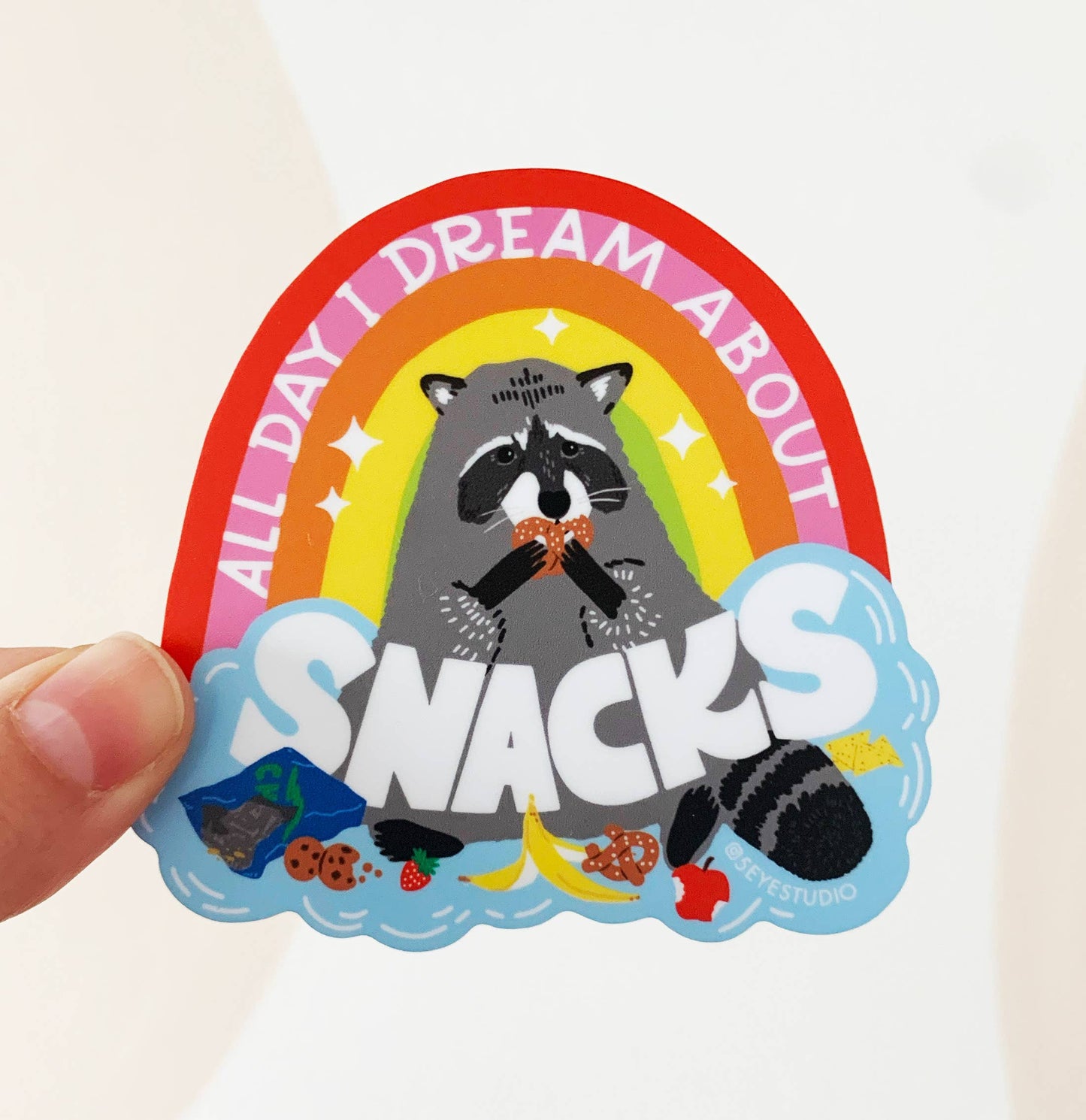 All Day I Dream About Snacks Raccoon Vinyl Diecut Sticker