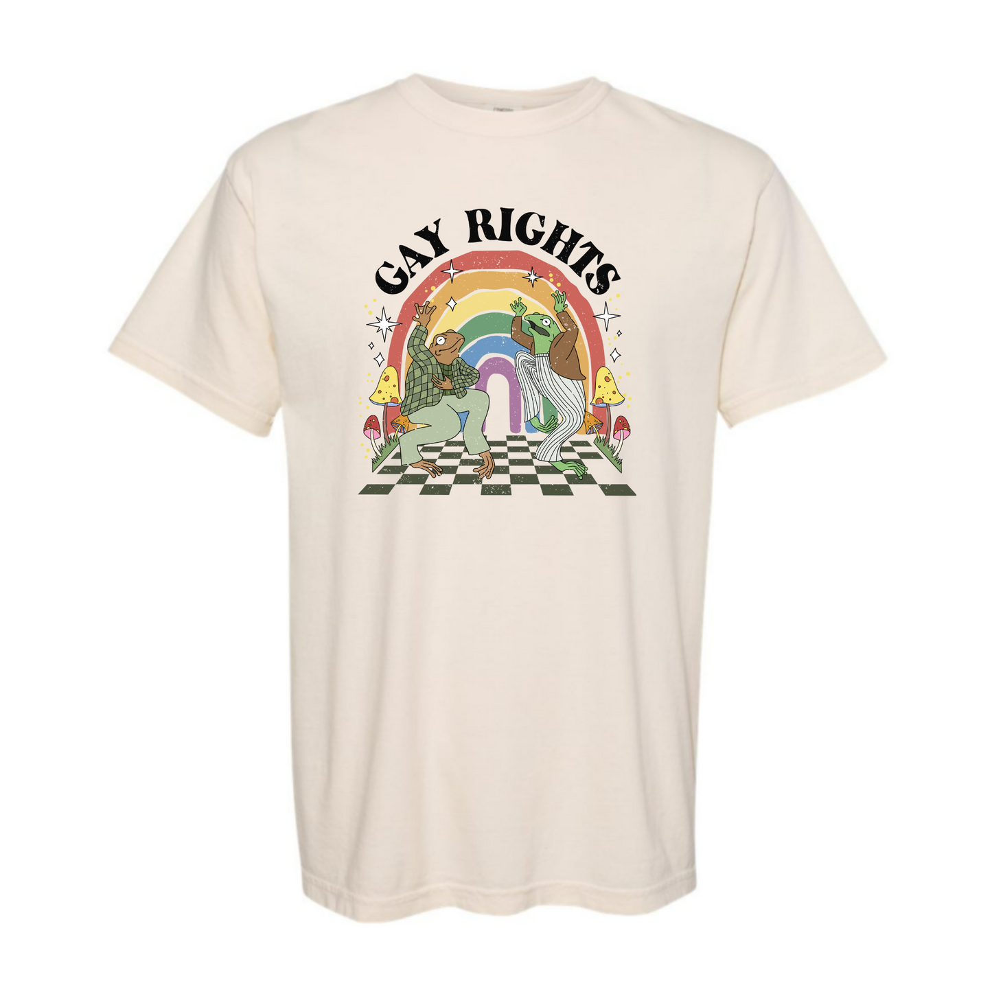 An ivory shirt with Gay Rights and a Frog and Toad dancing on a checked floor surrounded by mushrooms and with a rainbow in the background