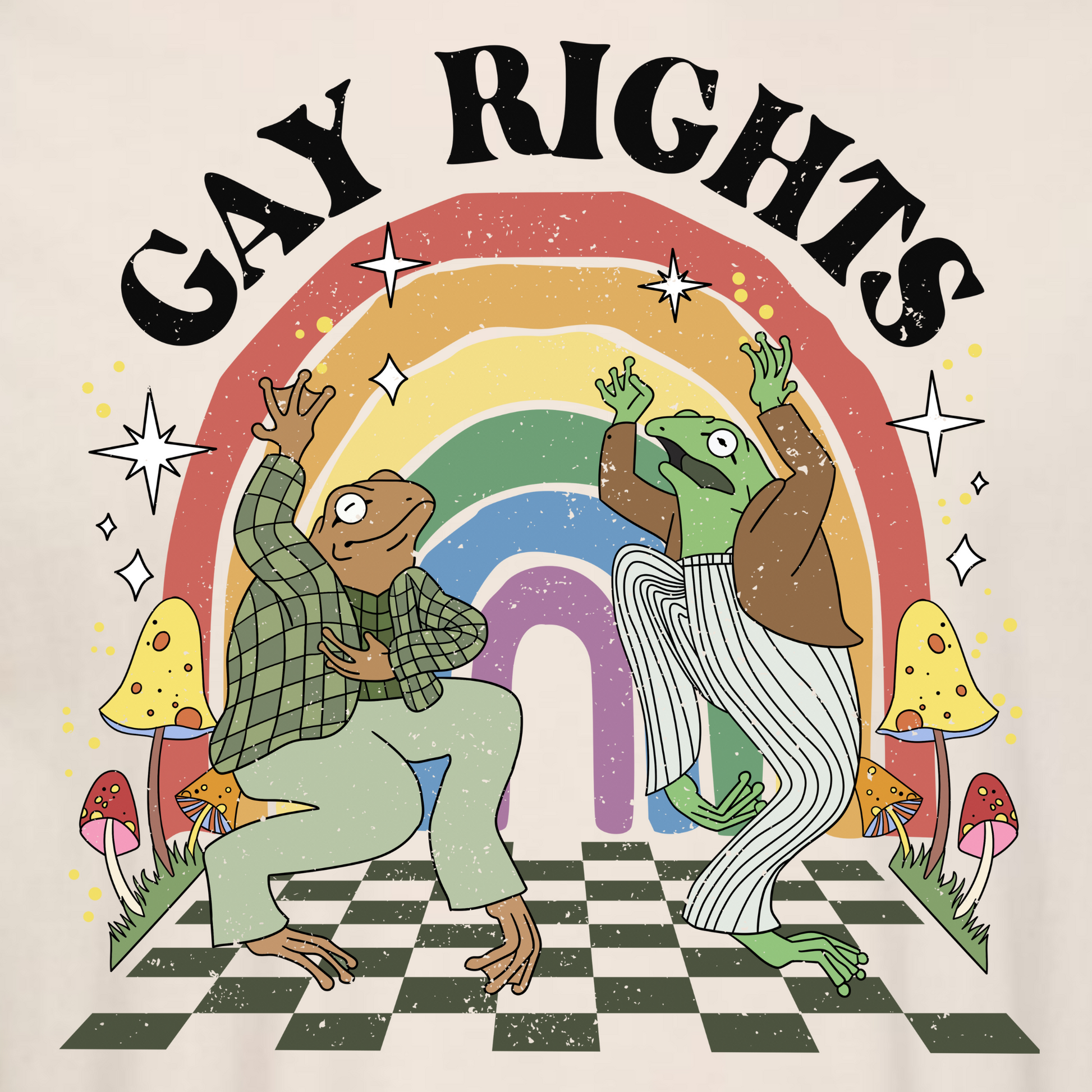 A close up of An ivory shirt with Gay Rights and a Frog and Toad dancing on a checked floor surrounded by mushrooms and with a rainbow in the background