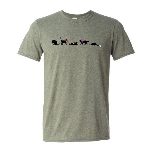 This is a picture of a shirt that is  Heather Military Green and has five black cats in various positions with each playing with a pride flag. The first cat has a pan flag, the second a lesbian flag, the third a rainbow flag, the fourth a bi flag and the fifth a trans flag.