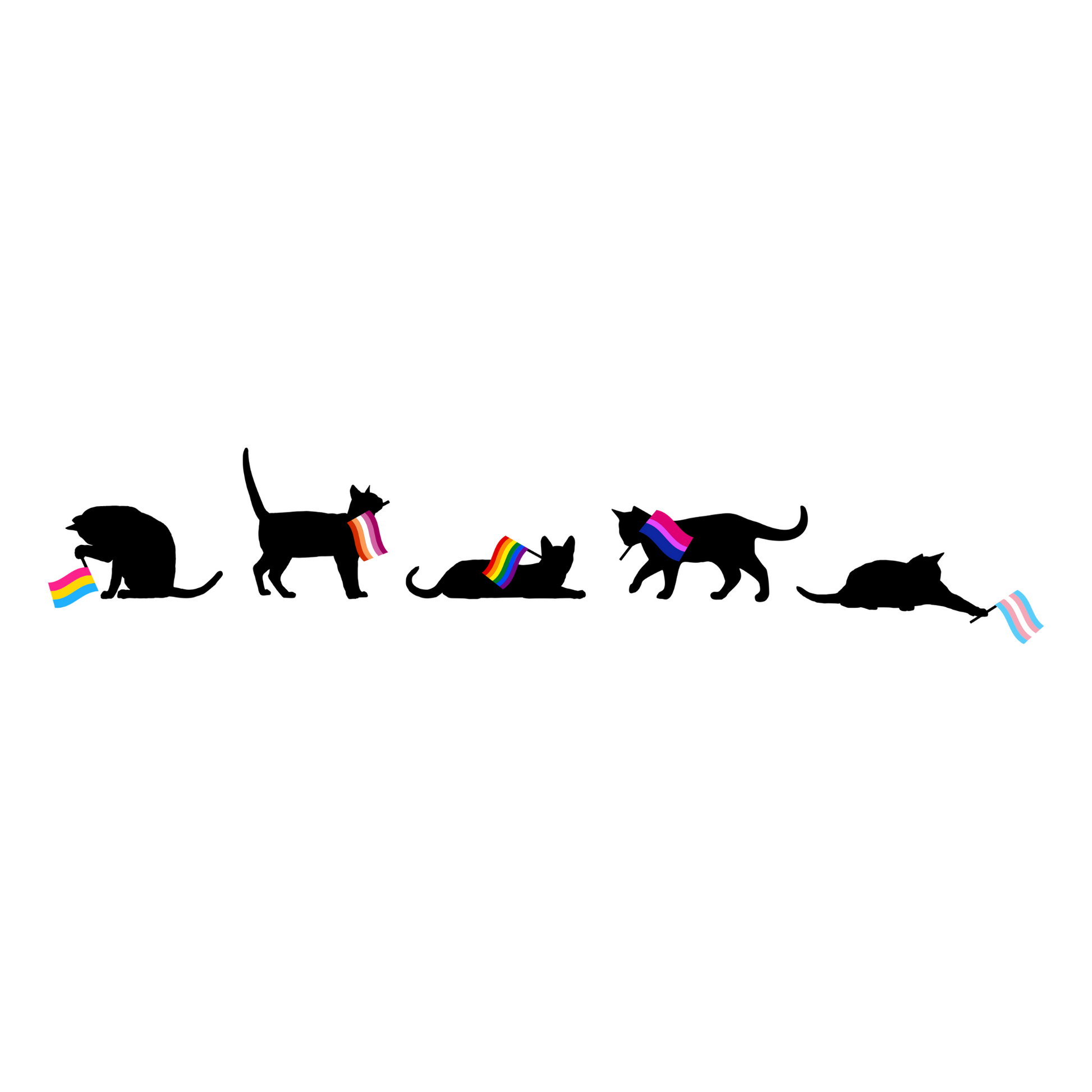 This picture has a design with five black cats in various positions with each playing with a pride flag. The first cat has a pan flag, the second a lesbian flag, the third a rainbow flag, the fourth a bi flag and the fifth a trans flag.