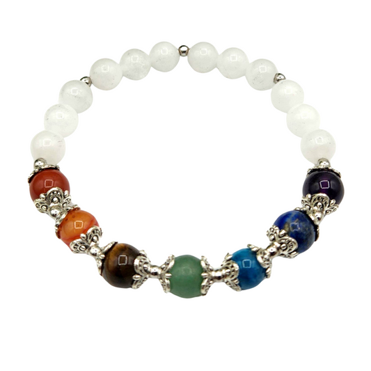 Rainbow Beaded Gemstone Bracelet with White Jade