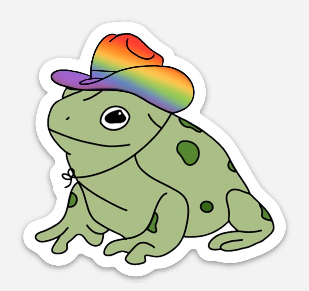 Gay frog sticker rainbow pride cowboy hat funny cute: Glitter accents
