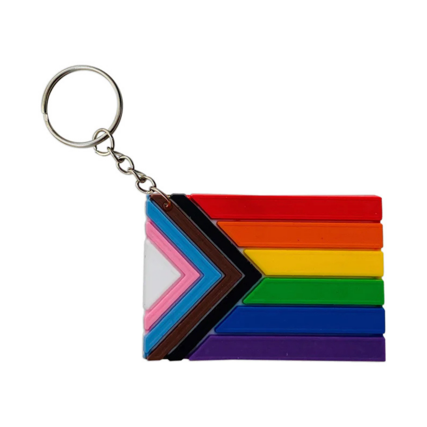 Daniel Qasar Trans and POC Inclusive Progressive Pride Flag in Silicone with Keychain attached to upper right corner next to chevron. In addition to the Chevron having the trans flag colors and eacial incluaivity, next to the chevron are the rainbow flag colors with red at the top going sown to orange, yellow, green, blue, and lastly purple. 