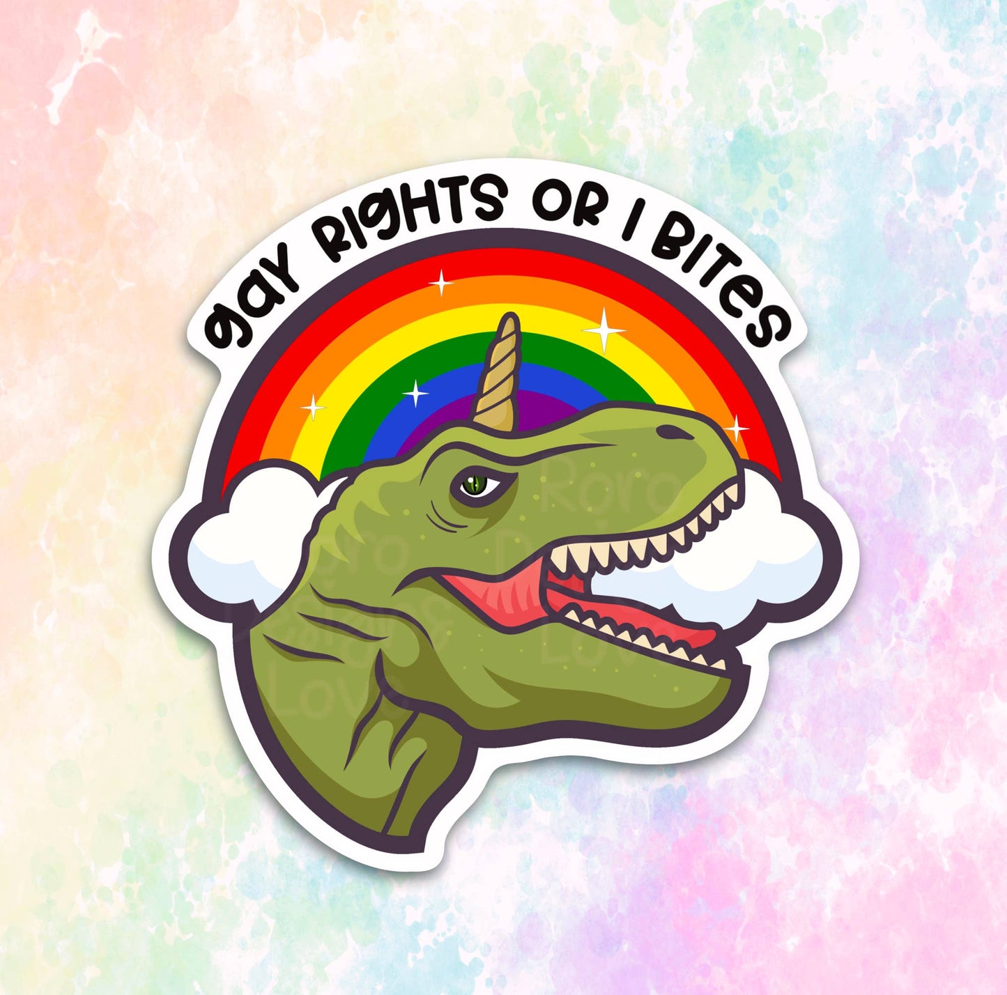 Gay rights or I bites sticker, LGBT rainbow t-rex decal: 3" / Loose