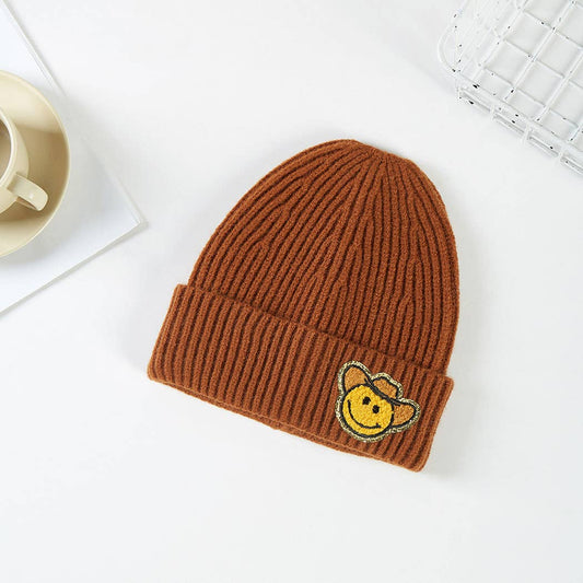 Brown Cowboy Happy Face Patched Beanie: ONE SIZE / BRN